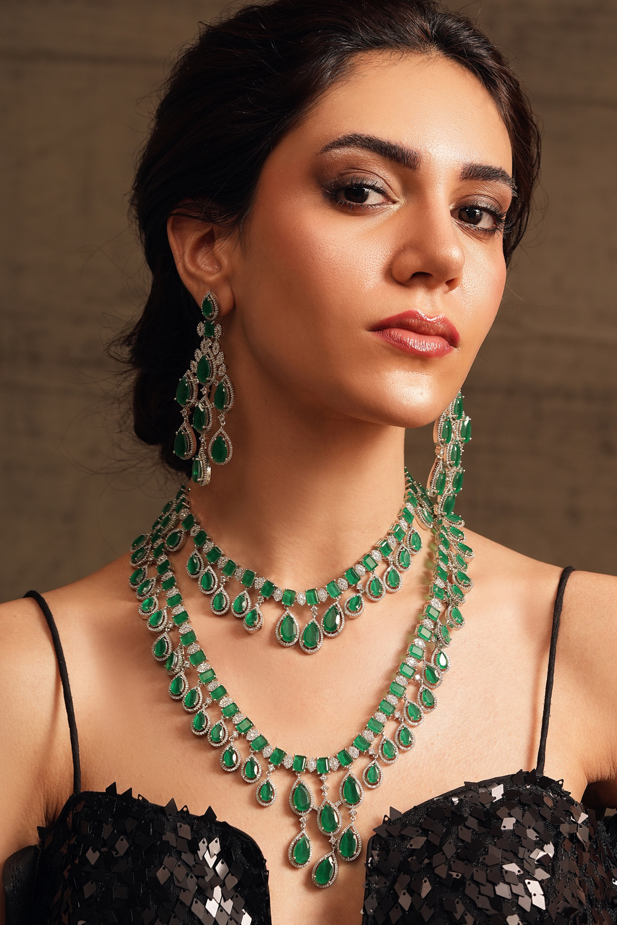 Gold Finish Emerald & Diamond Layered Necklace Set by Joules By Radhika at Pernia's Pop Up Shop