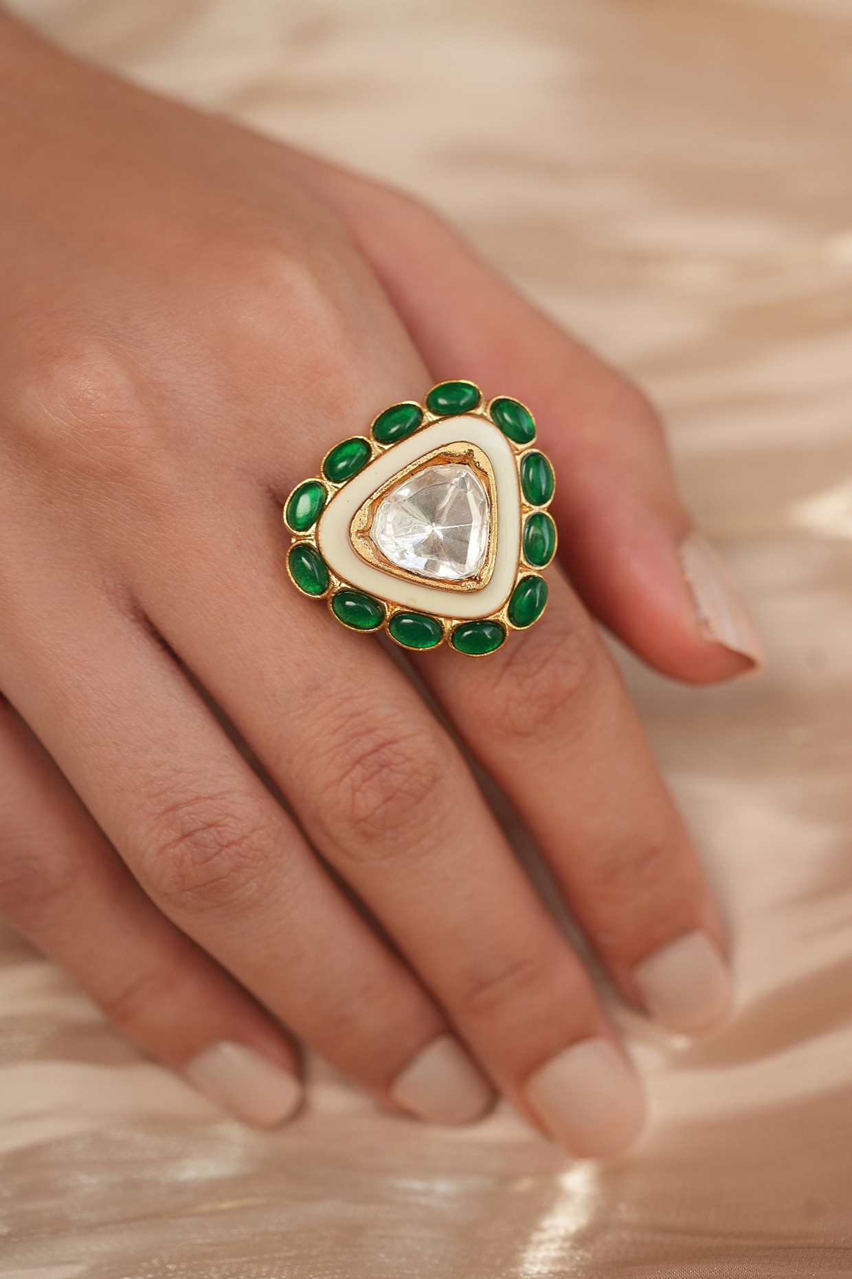 Gold Finish Kundan Polki Meenakari Triangular Ring by Joules By Radhika at Pernia's Pop Up Shop