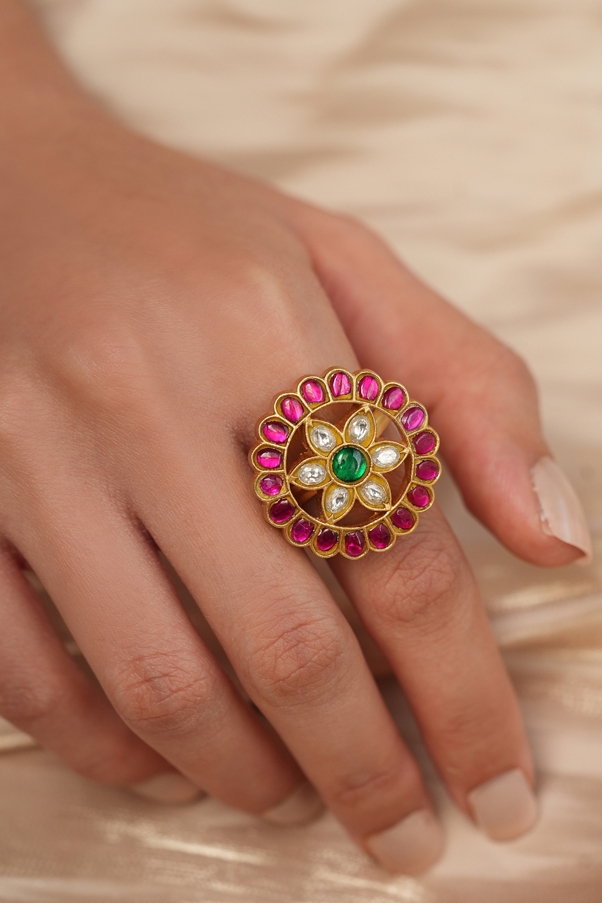 Gold Finish Kundan Polki & Red Stone Floral Ring by Joules By Radhika at Pernia's Pop Up Shop