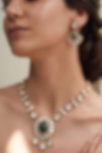 Gold Finish Green Stone & Kundan Polki Necklace Set by Joules By Radhika at Pernia's Pop Up Shop