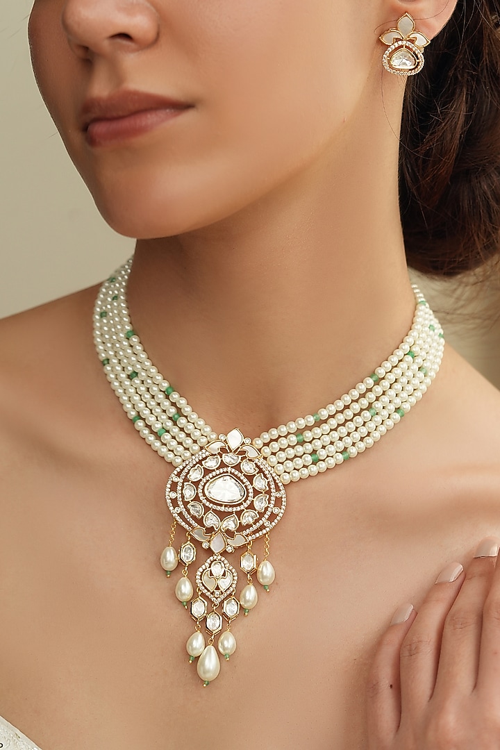 Gold Finish Kundan Polki & White Beaded Necklace Set by Joules By Radhika at Pernia's Pop Up Shop