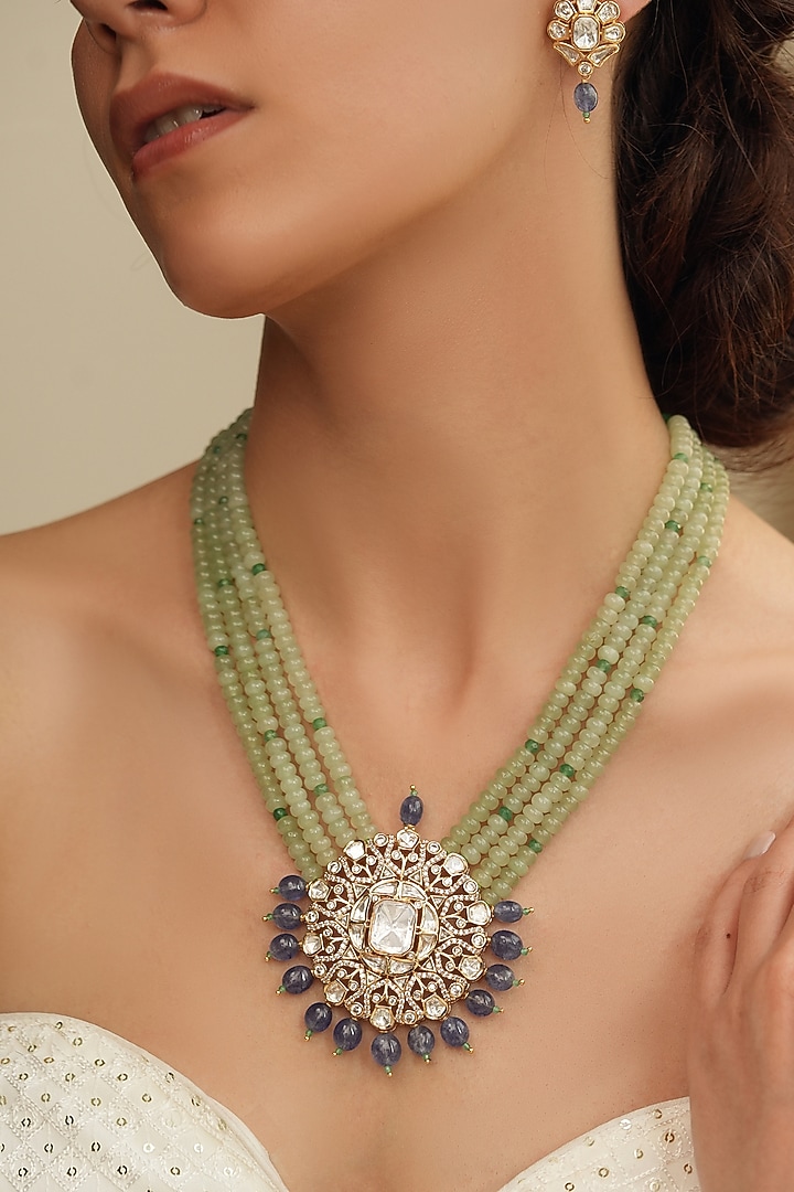 Gold Finish Kundan Polki & Green Beaded Necklace Set by Joules By Radhika at Pernia's Pop Up Shop