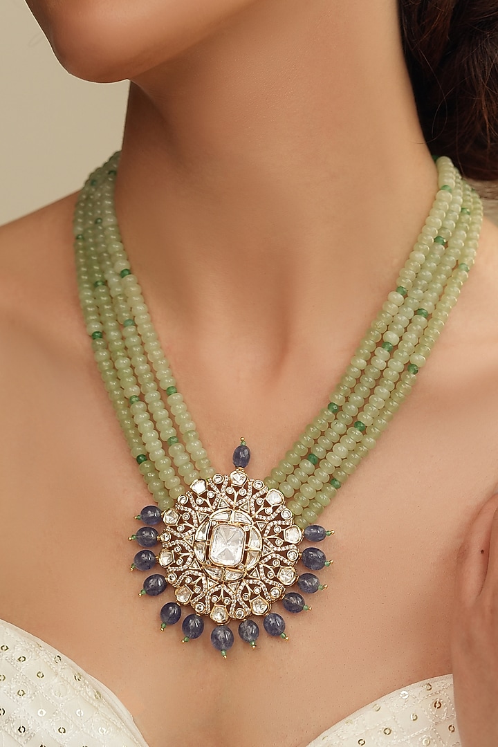 Gold Finish Kundan Polki & Green Beaded Necklace Set by Joules By Radhika at Pernia's Pop Up Shop