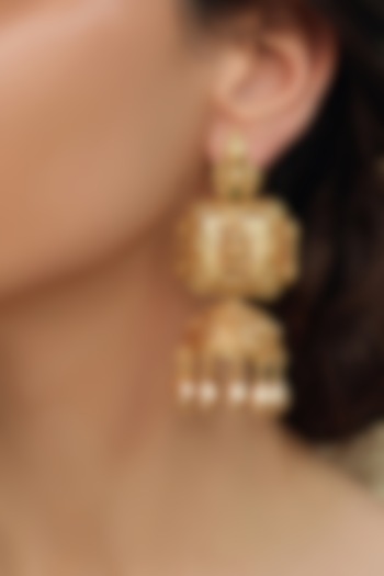 Gold Finish Patterned Temple Jhumka Earrings by Joules By Radhika at Pernia's Pop Up Shop