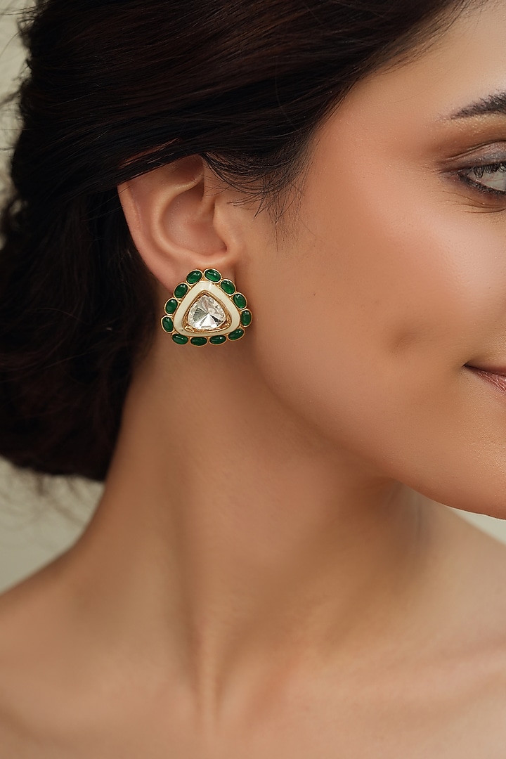 Gold Finish Kundan Polki Triangle Stud Earrings by Joules By Radhika at Pernia's Pop Up Shop