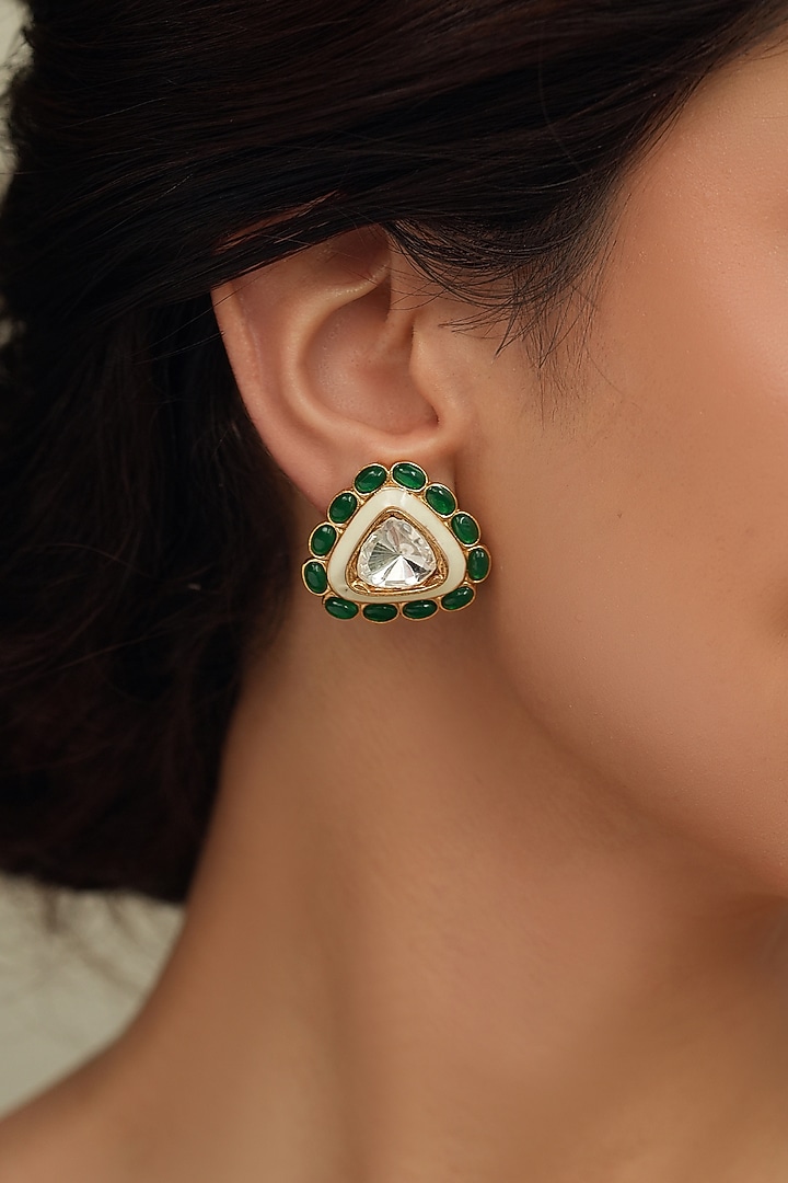 Gold Finish Kundan Polki Triangle Stud Earrings by Joules By Radhika at Pernia's Pop Up Shop