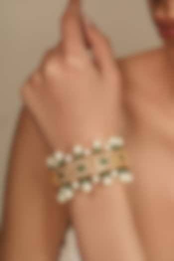 Gold Finish Green Beaded & Pearl Kada by Joules By Radhika at Pernia's Pop Up Shop