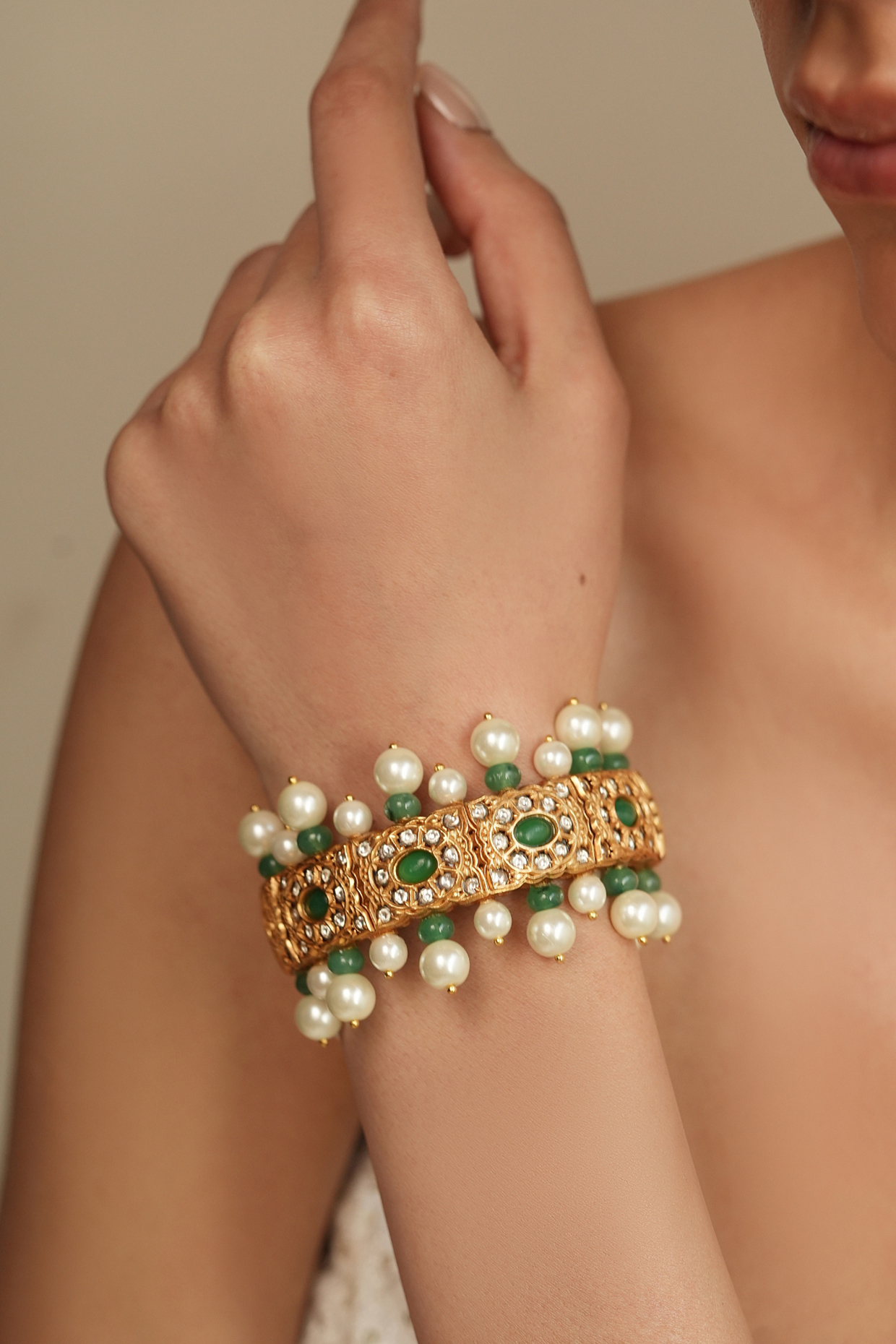 Gold Finish Green Beaded & Pearl Kada by Joules By Radhika at Pernia's Pop Up Shop