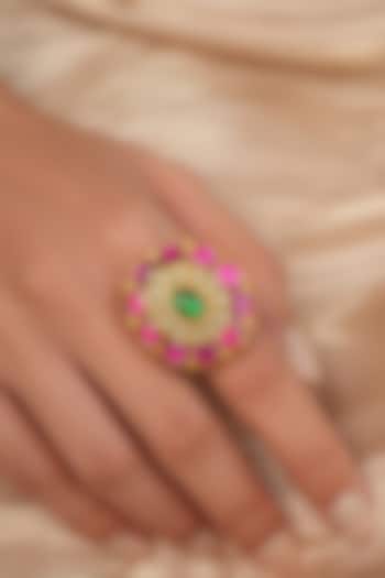 Gold Finish Green Stone & Polki Diamond Ring by Joules By Radhika at Pernia's Pop Up Shop
