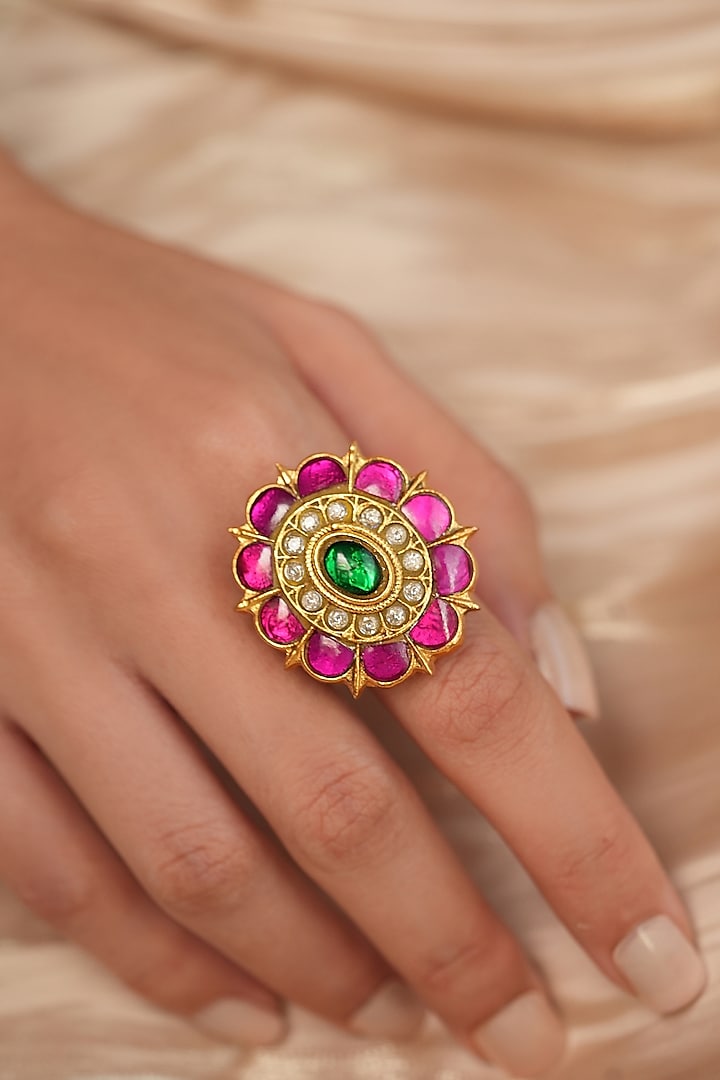 Gold Finish Green Stone & Polki Diamond Ring by Joules By Radhika at Pernia's Pop Up Shop