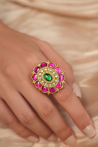 Gold Finish Green Stone & Polki Diamond Ring by Joules By Radhika