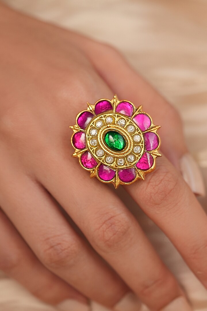 Gold Finish Green Stone & Polki Diamond Ring by Joules By Radhika at Pernia's Pop Up Shop