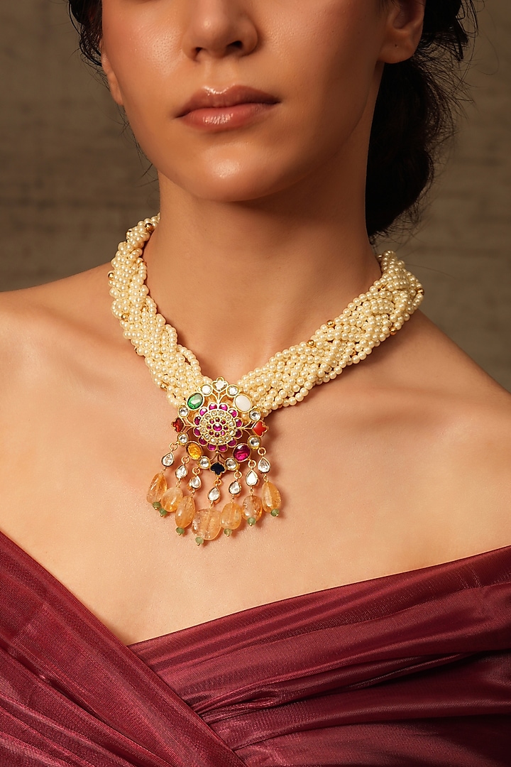 Gold Finish Beaded Twisted Necklace by Joules By Radhika at Pernia's Pop Up Shop