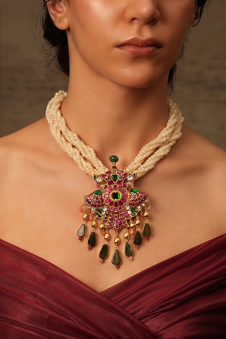 Gold Finish Multi-Colored Stone Layered Twisted Necklace by Joules By Radhika at Pernia's Pop Up Shop