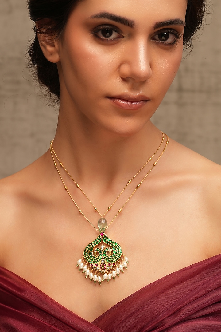 Gold Finish Green Stone Chain Necklace by Joules By Radhika at Pernia's Pop Up Shop