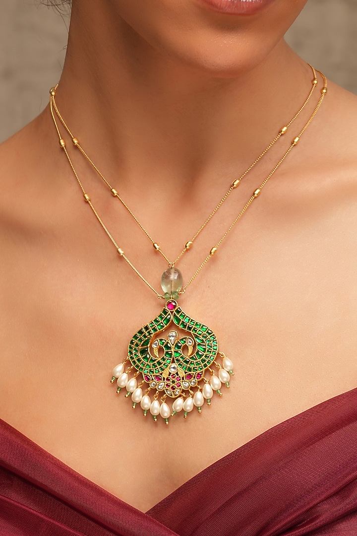 Gold Finish Green Stone Chain Necklace by Joules By Radhika at Pernia's Pop Up Shop