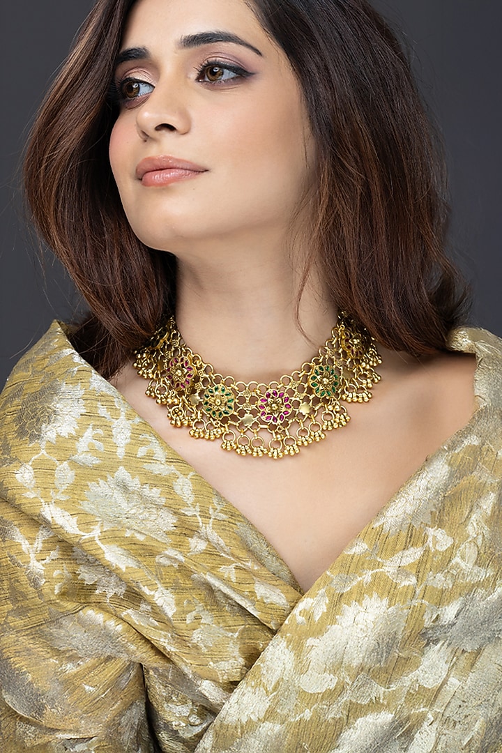 Gold Finish Pink & Green Stone Necklace by Joules By Radhika at Pernia's Pop Up Shop