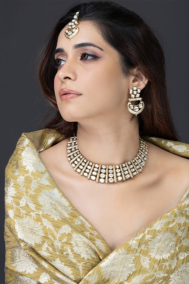Gold Finish Mirror Work Necklace Set by Joules By Radhika at Pernia's Pop Up Shop