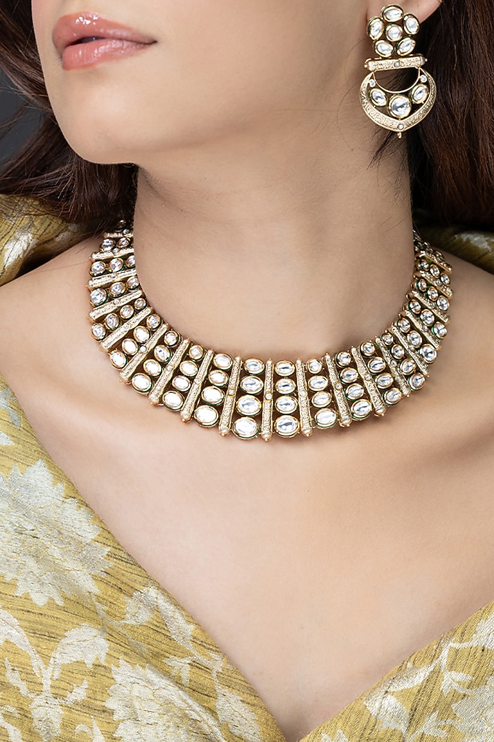Gold Finish Mirror Work Necklace Set by Joules By Radhika at Pernia's Pop Up Shop