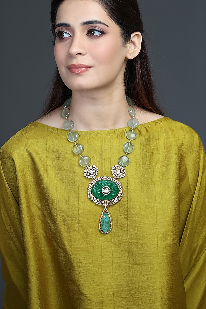 Gold Finish Mint Green Beaded Necklace by Joules By Radhika at Pernia's Pop Up Shop