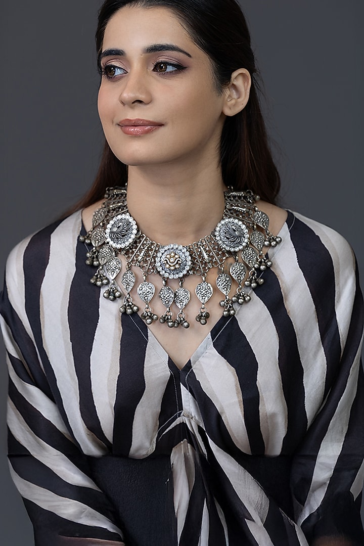 Oxidised Silver Finish Metal Work Necklace by Joules By Radhika at Pernia's Pop Up Shop