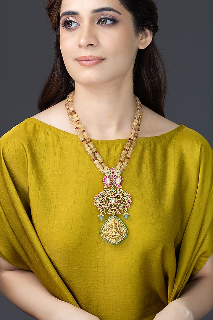 Gold Finish Beaded Pendant Necklace by Joules By Radhika at Pernia's Pop Up Shop