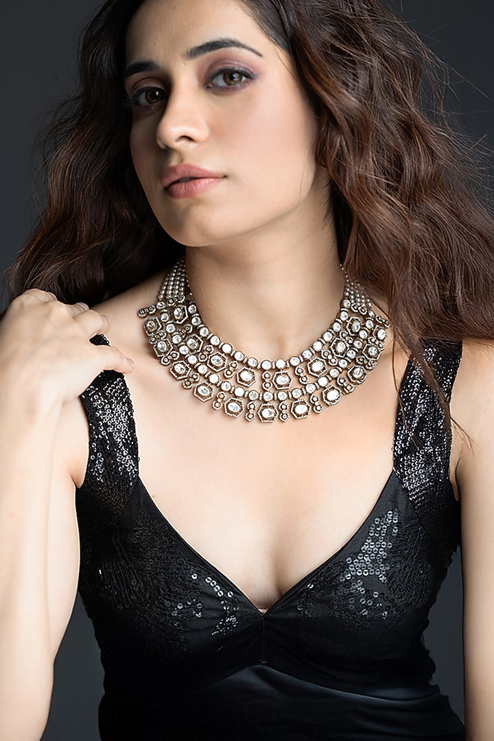 Gold Finish White Beaded Layered Necklace by Joules By Radhika at Pernia's Pop Up Shop