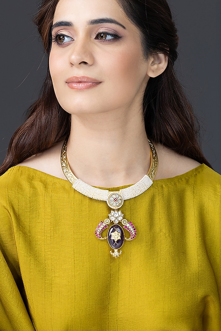 Gold Finish White Beaded & Pink Stone Textured Collar Necklace by Joules By Radhika at Pernia's Pop Up Shop