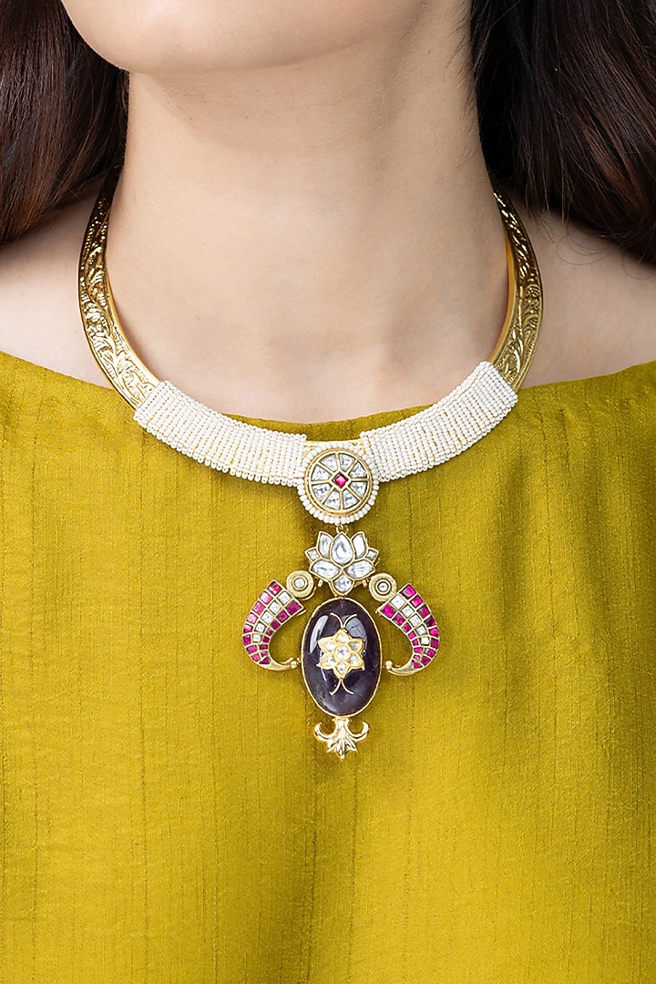 Gold Finish White Beaded & Pink Stone Textured Collar Necklace by Joules By Radhika at Pernia's Pop Up Shop