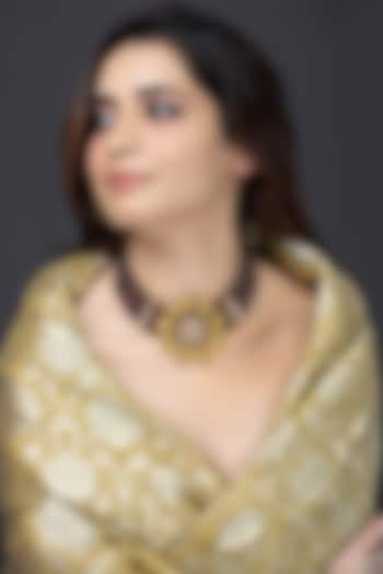 Gold Finish Deep Burgundy Beaded Pendant Necklace by Joules By Radhika at Pernia's Pop Up Shop