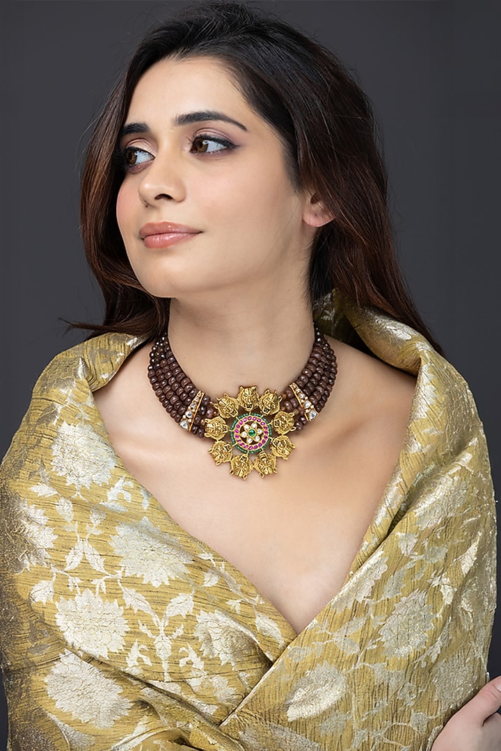 Gold Finish Deep Burgundy Beaded Pendant Necklace by Joules By Radhika at Pernia's Pop Up Shop