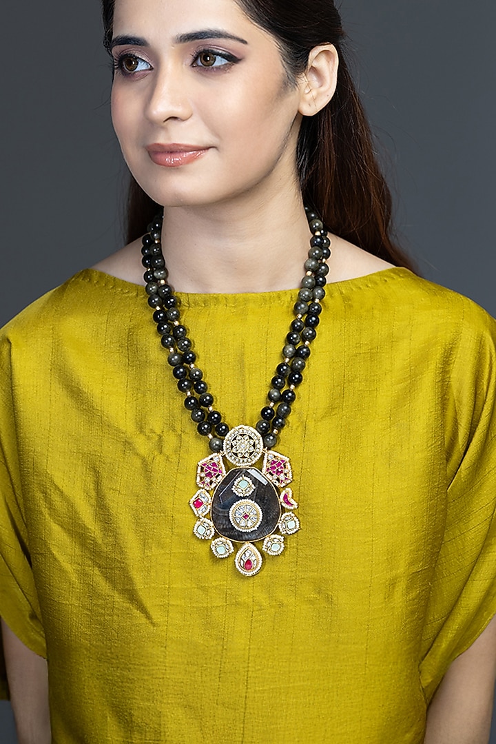 Gold Finish Black Faceted Bead Pendant Necklace by Joules By Radhika at Pernia's Pop Up Shop