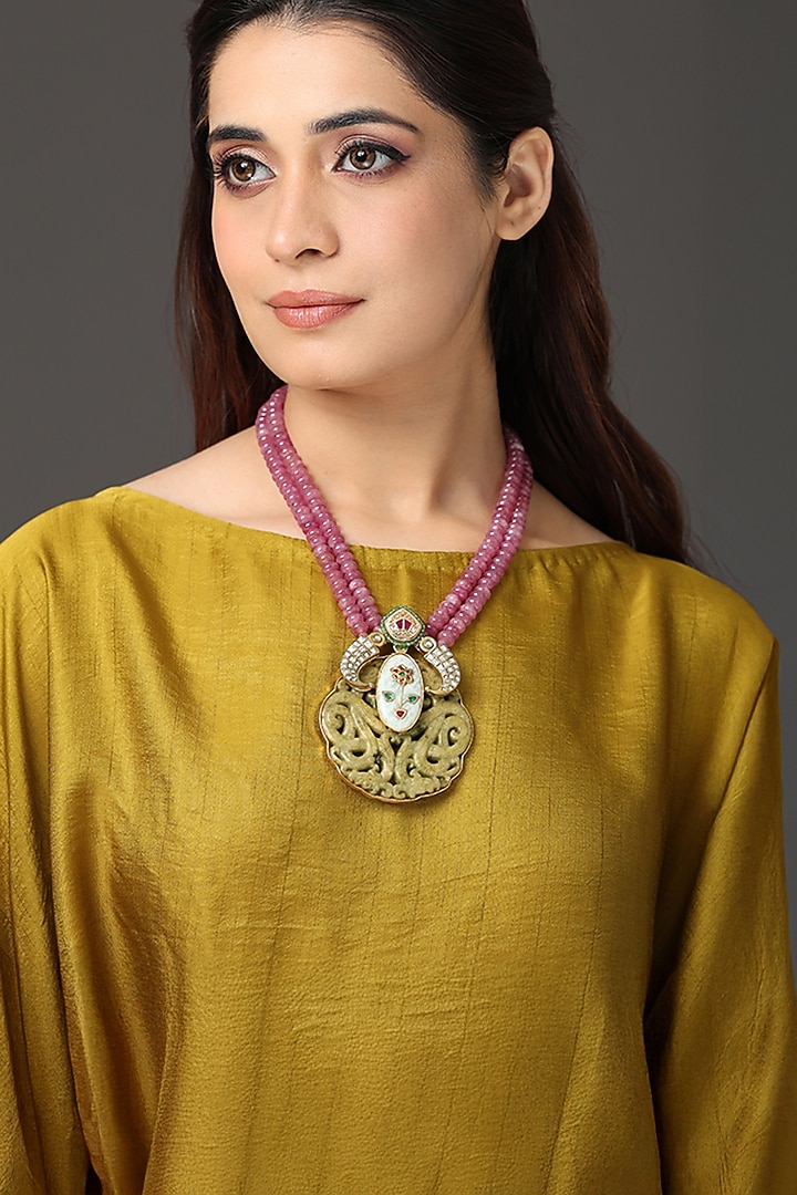 Gold Finish Pink Beaded Pendant Necklace by Joules By Radhika at Pernia's Pop Up Shop