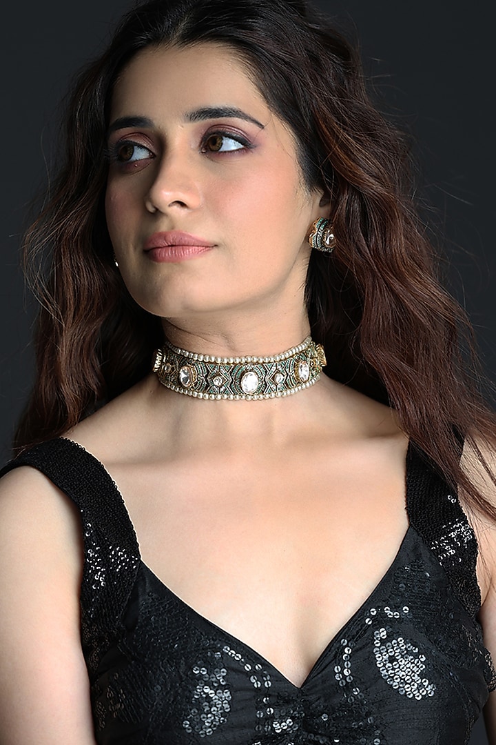 Gold Finish Oval White Stone Choker Necklace Set by Joules By Radhika at Pernia's Pop Up Shop