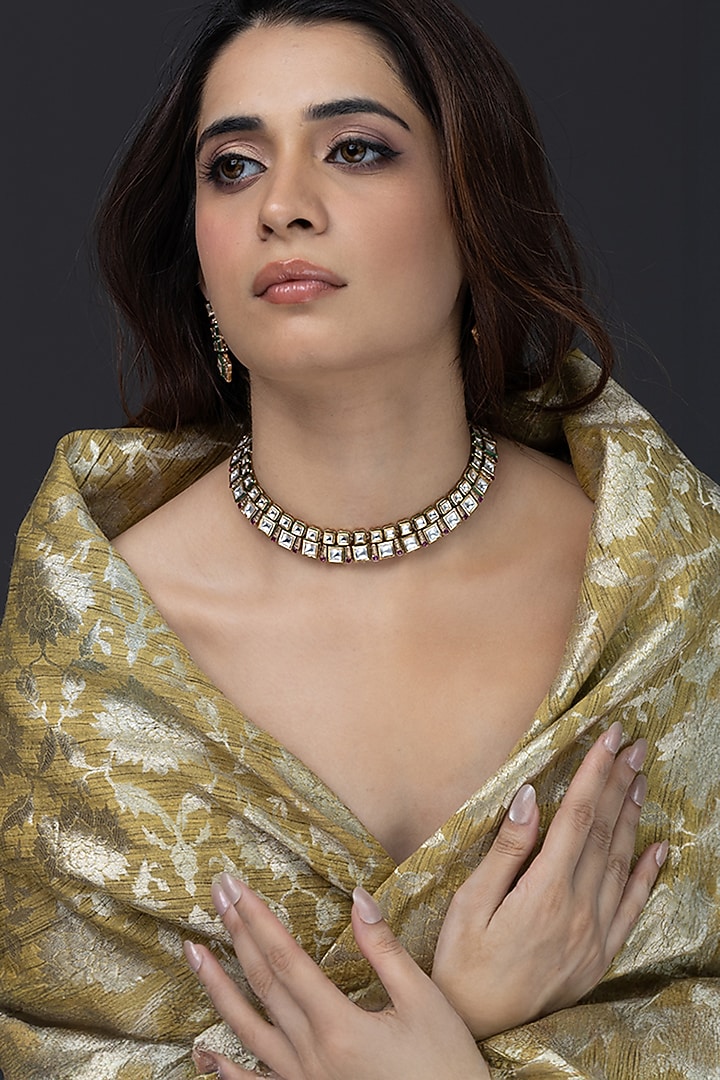 Gold Finish Emerald Stone & Crystal Necklace Set by Joules By Radhika at Pernia's Pop Up Shop