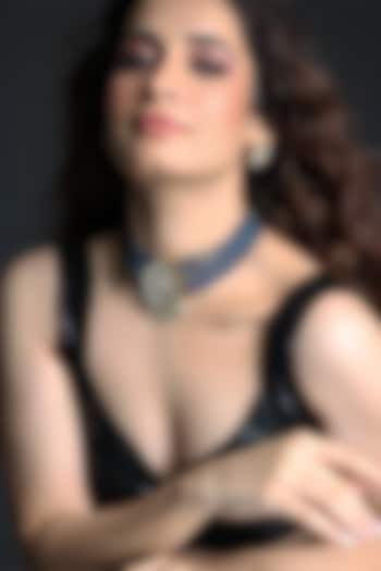 Gold Finish Blue Beaded Choker Necklace Set by Joules By Radhika at Pernia's Pop Up Shop