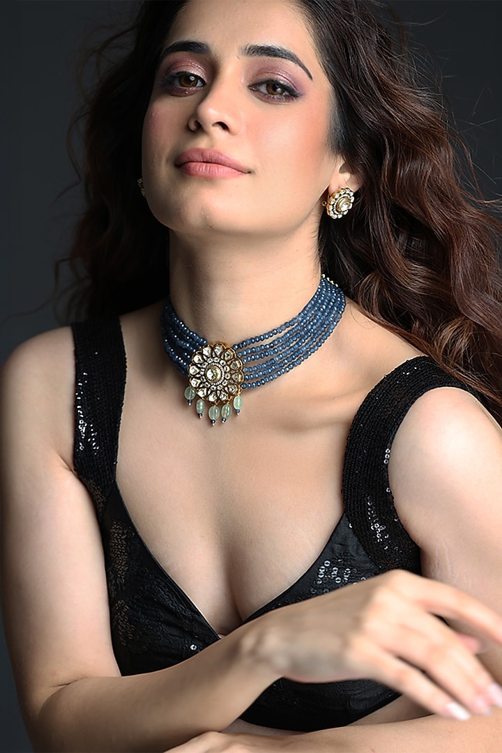 Gold Finish Blue Beaded Choker Necklace Set by Joules By Radhika at Pernia's Pop Up Shop