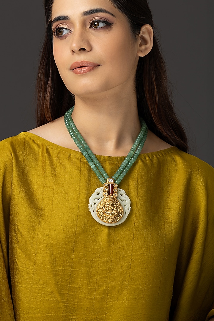 Gold Finish Green Stone Necklace by Joules By Radhika at Pernia's Pop Up Shop
