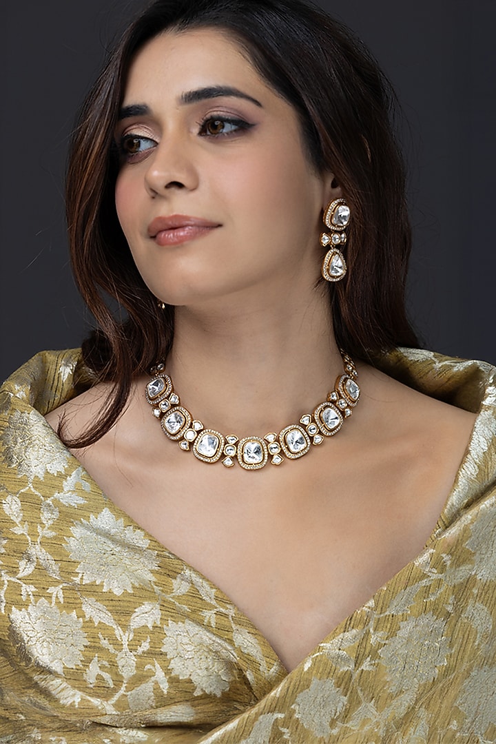 Gold Finish Kundan Polki Necklace Set by Joules By Radhika at Pernia's Pop Up Shop