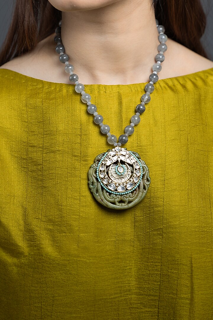 Gold Finish Blue Beaded Necklace by Joules By Radhika at Pernia's Pop Up Shop