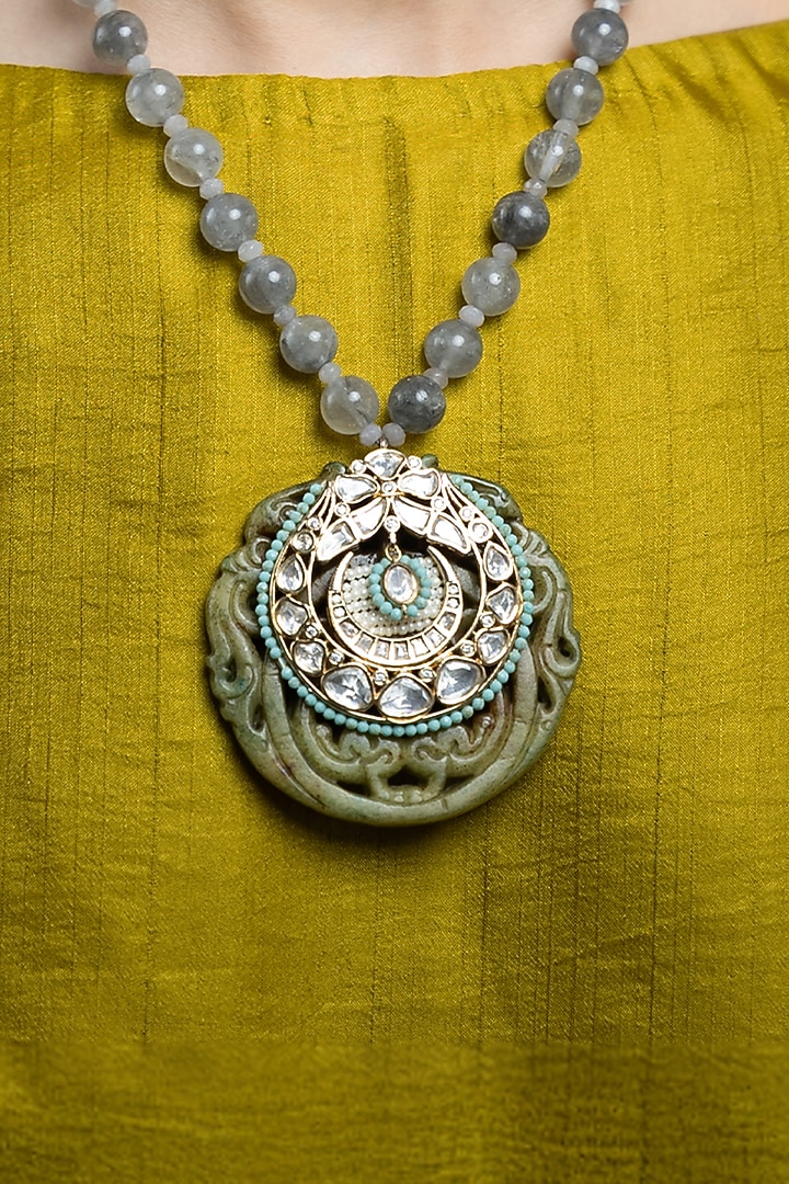 Gold Finish Blue Beaded Necklace by Joules By Radhika at Pernia's Pop Up Shop