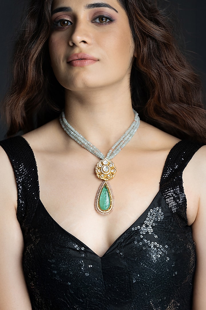 Gold Finish Green Beaded Necklace by Joules By Radhika at Pernia's Pop Up Shop