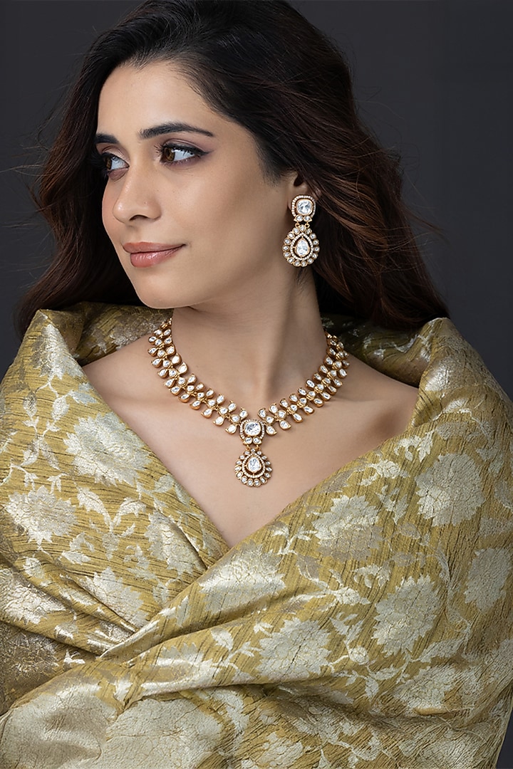 Gold Finish Kundan Polki Necklace Set by Joules By Radhika at Pernia's Pop Up Shop