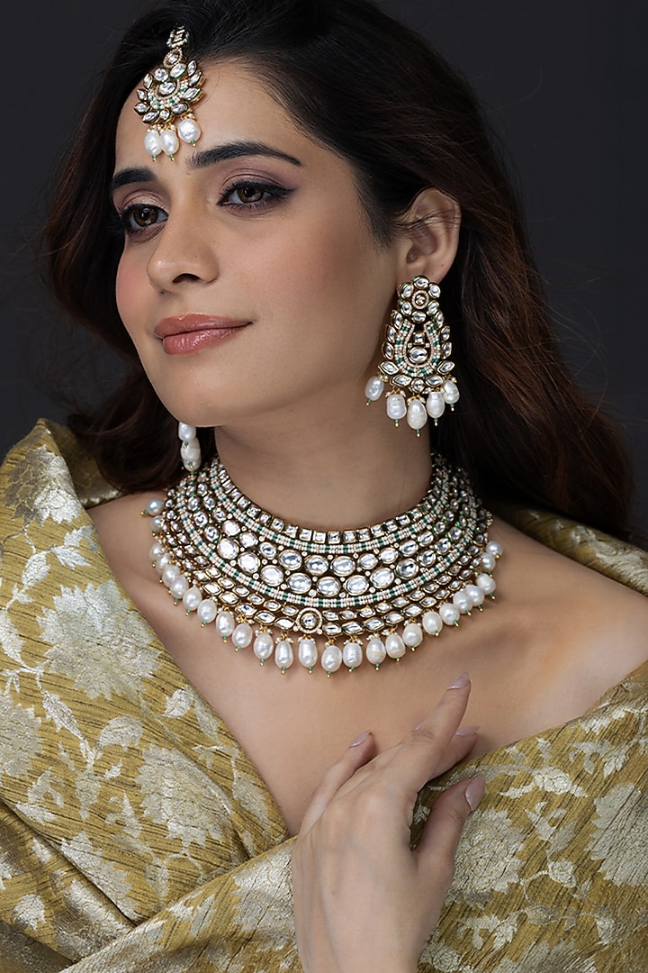 Gold Finish Kundan Polki Necklace Set by Joules By Radhika at Pernia's Pop Up Shop