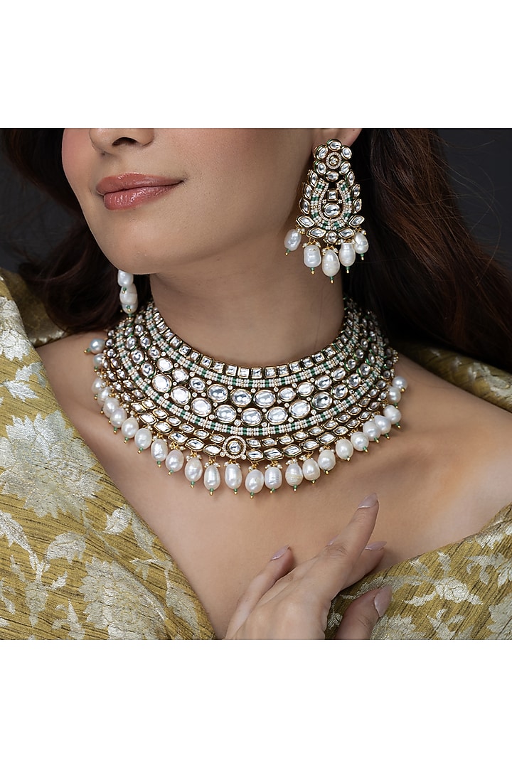 Gold Finish Kundan Polki Necklace Set by Joules By Radhika at Pernia's Pop Up Shop