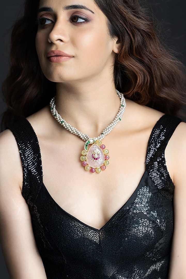 Gold Finish Multi-Colored Stone Necklace by Joules By Radhika at Pernia's Pop Up Shop