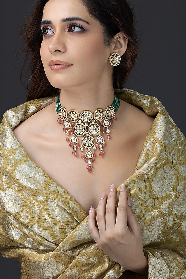 Gold Finish Green Stone Necklace Set by Joules By Radhika at Pernia's Pop Up Shop