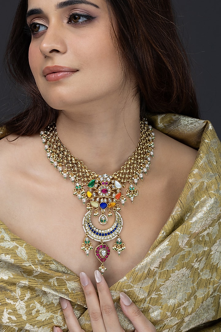 Gold Finish Multi-Colored Stone Necklace by Joules By Radhika at Pernia's Pop Up Shop