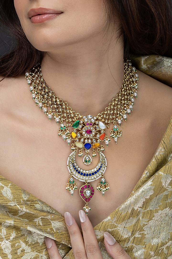 Gold Finish Multi-Colored Stone Necklace by Joules By Radhika at Pernia's Pop Up Shop