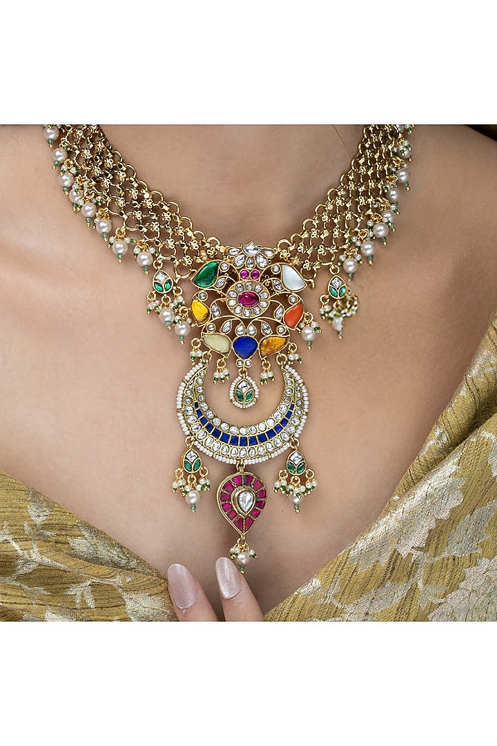 Gold Finish Multi-Colored Stone Necklace by Joules By Radhika at Pernia's Pop Up Shop